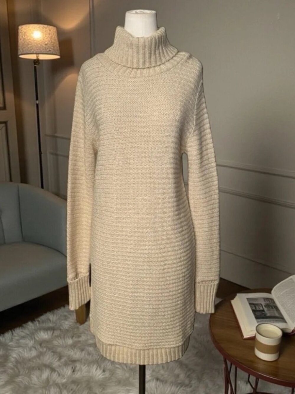 ASOS Cream Knit Turtleneck Sweater Dress • Cozy Chunky Ribbed Longline Pullover